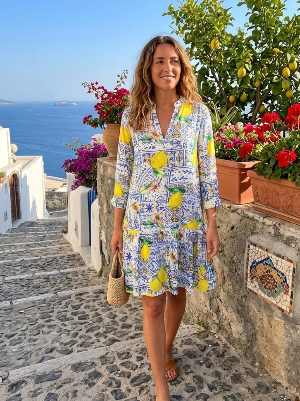 Lemon Tile Print Long Sleeve Tunic Dress - White & Yellow